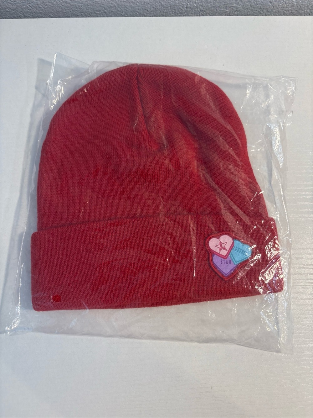 Jeffree Star Red Beanie Winter Hat Never Worn with Hearts Logo BRAND NEW SEALED